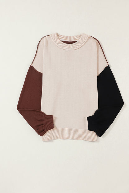 Kaffeefarbener Pullover mit geripptem Saum und Bischofsärmeln in Colorblock-Optik