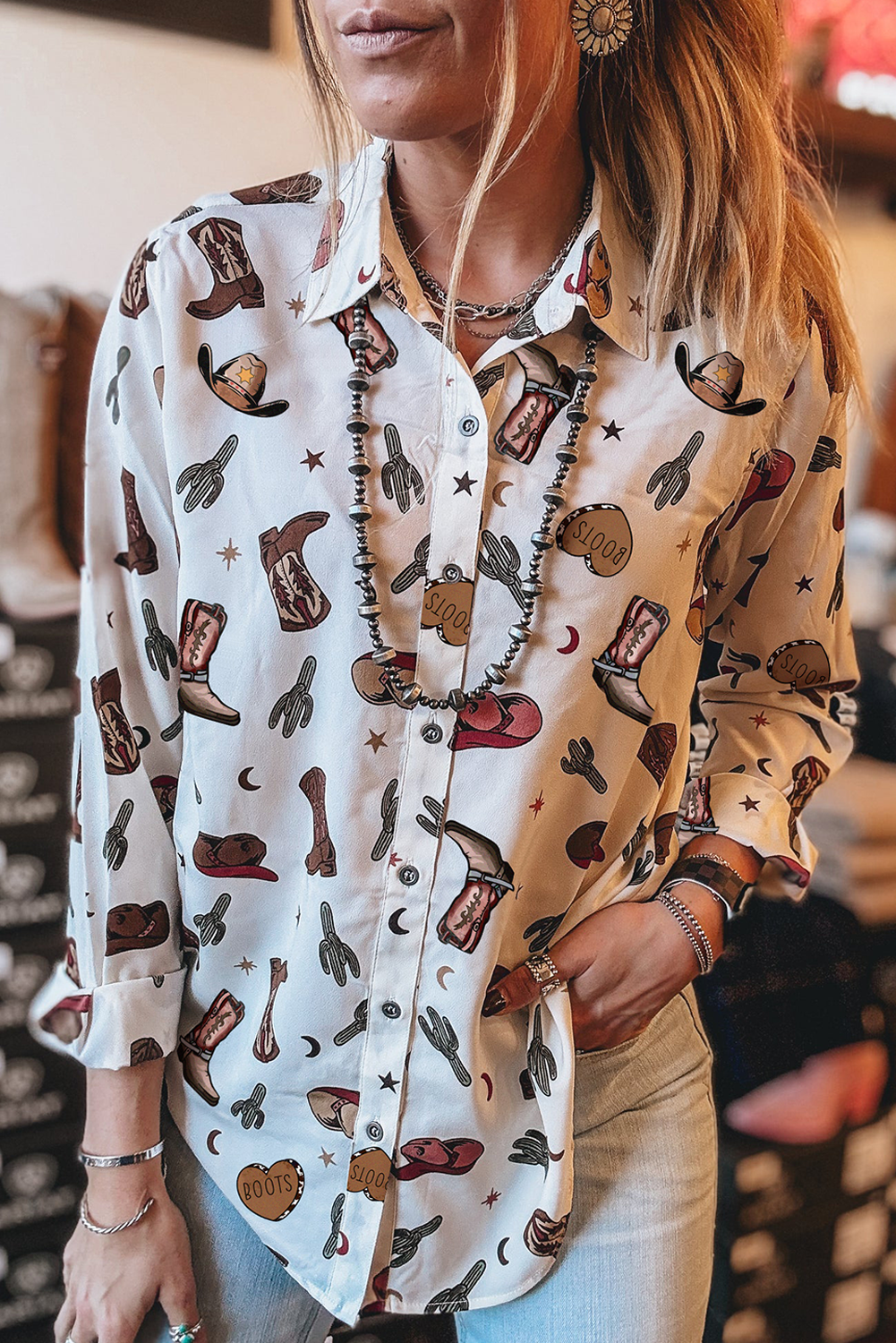 White Western Fashion Print Button Up Casual Shirt