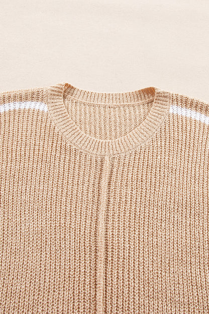 Pullover mit Rundhalsausschnitt und 3/4-Ärmeln in hellem Französisch-Beige mit Kontraststreifen