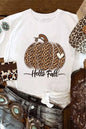 Weißes T-Shirt mit „Hello Fall“-Print und Leoparden-Kürbis-Motiv