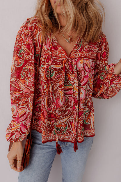 Mehrfarbige Boho-Bluse mit ethnischem Paisley-Print, Quaste und Puffärmeln
