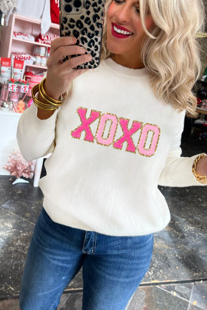 Weißer XOXO-Freizeitpullover mit Glitzer-Print und Rundhalsausschnitt
