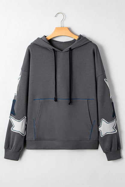 Carbon Grey Star Patchwork Contrast Stitching Mineral Wash Kangaroo Pocket Vintage Hoodie
