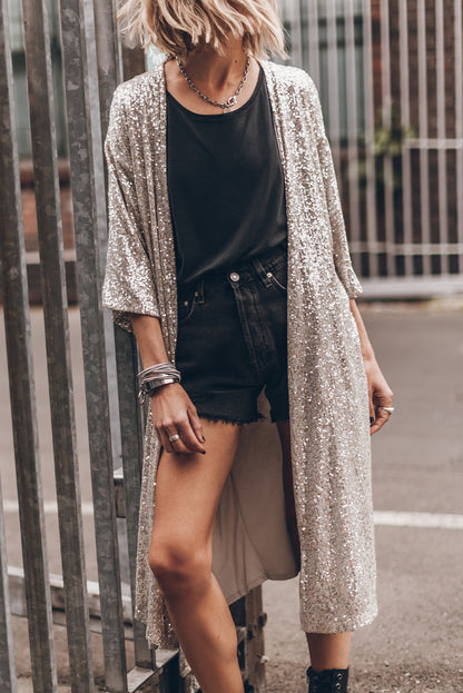 Aprikosenfarbener Kimono mit Pailletten und 3/4-Ärmeln und offener Vorderseite