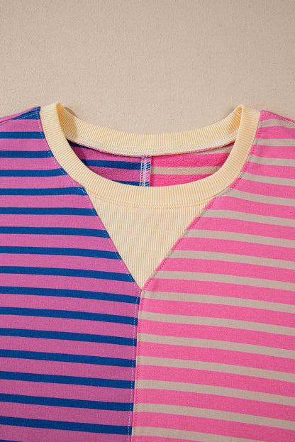 Rosa gestreiftes, lässiges, gestreiftes Colorblock-Sweatshirt mit überschnittener Schulter
