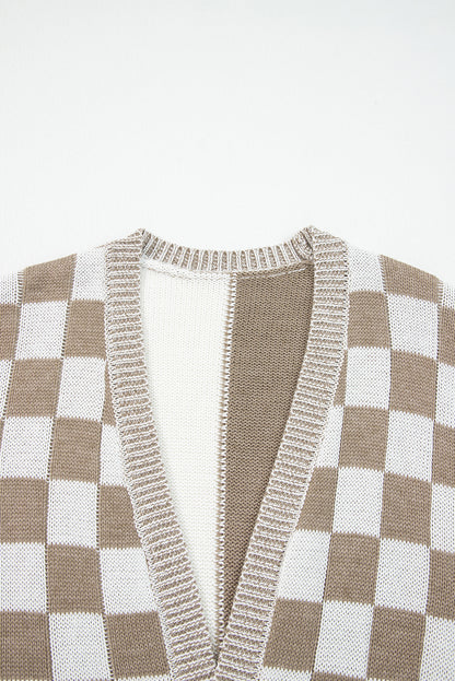 Brown Checkered Open Front Drop Shoulder Cardigan