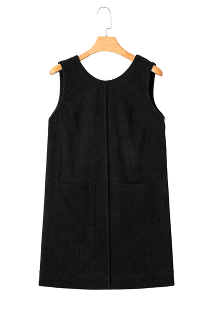 Black Corduroy Sleeveless Mini Dress With Patched Pockets