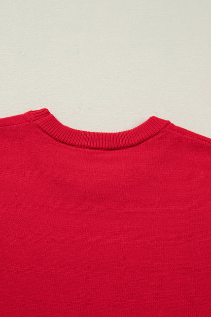 Fiery Red YEEHAW Embroidered Letter Loose Short Sleeve Sweater