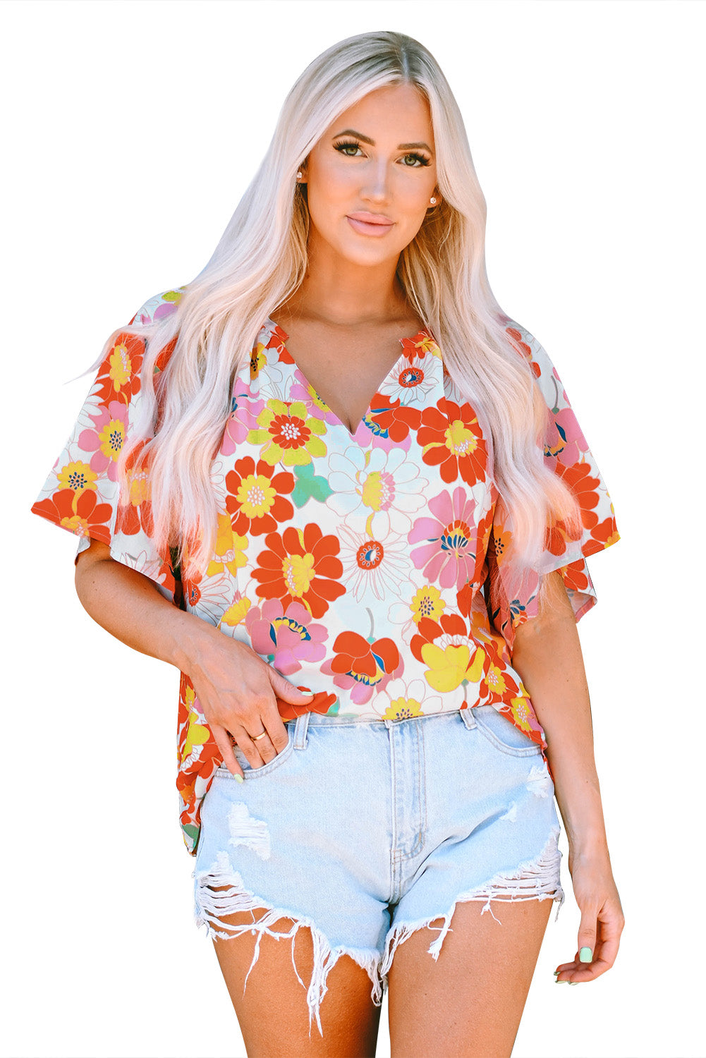 Orangefarbene Bluse mit V-Ausschnitt und halblangen Ärmeln und abstraktem Print