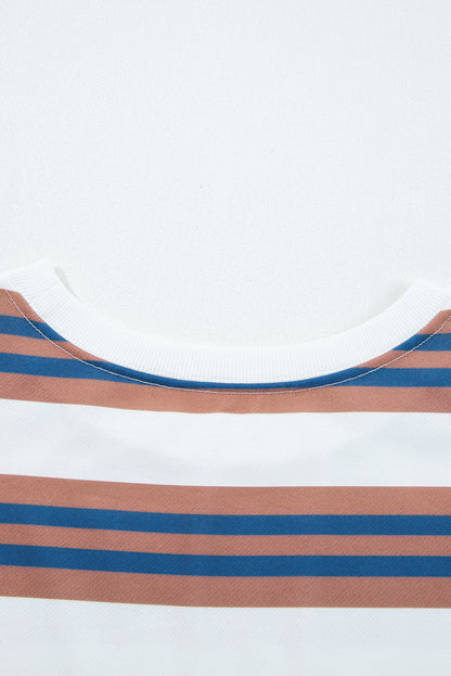 Brown Stripe Crew Neck Drop Shoulder Pullover Sweatshirt