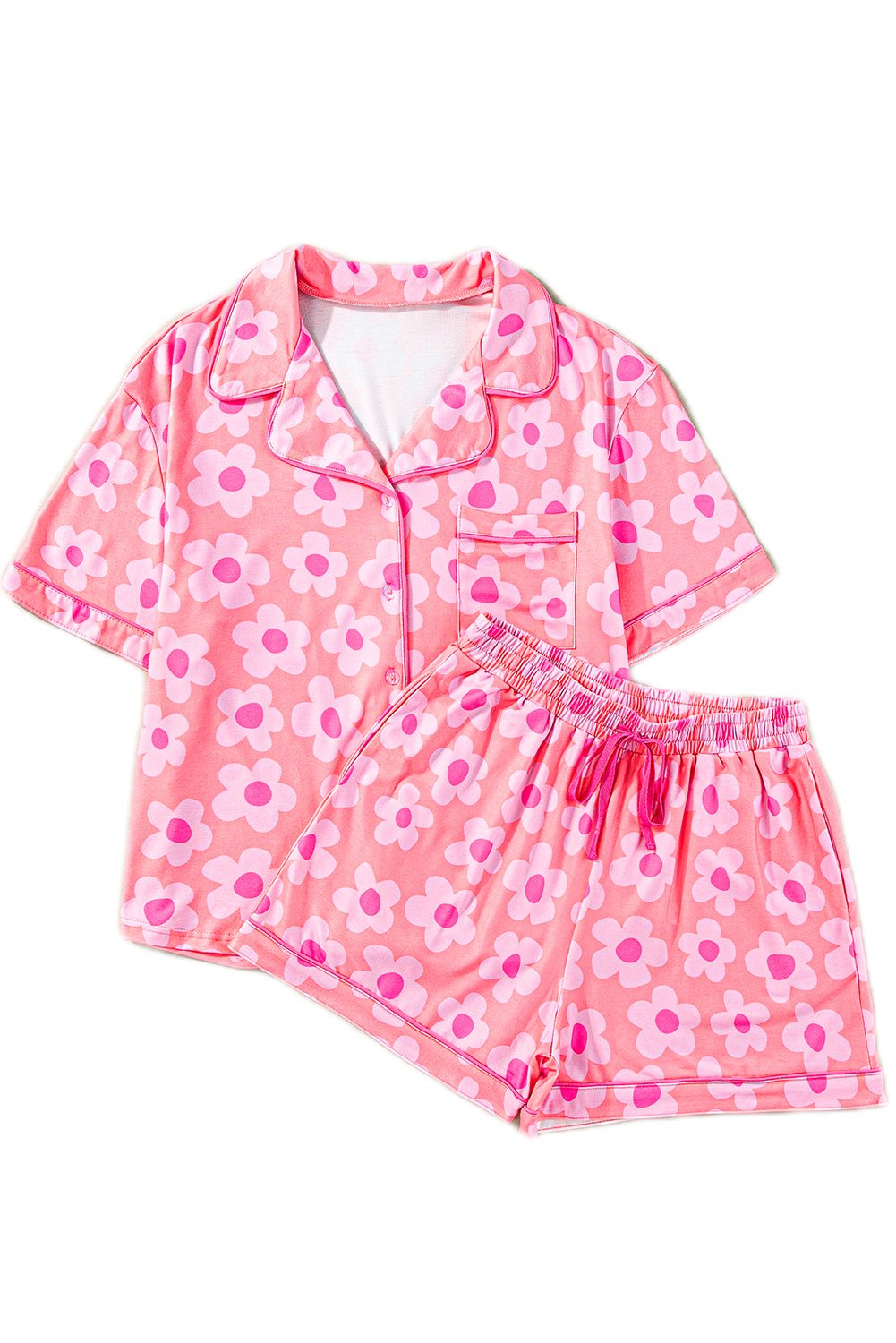 Rosa Pyjama-Set mit kurzärmligem Hemd und Blumenmuster