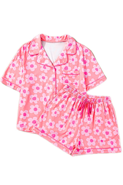 Rosa Pyjama-Set mit kurzärmligem Hemd und Blumenmuster
