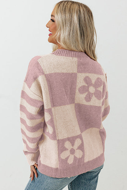 Pullover mit kariertem Blumenmuster und gestreiften Ärmeln in Orchid Petal