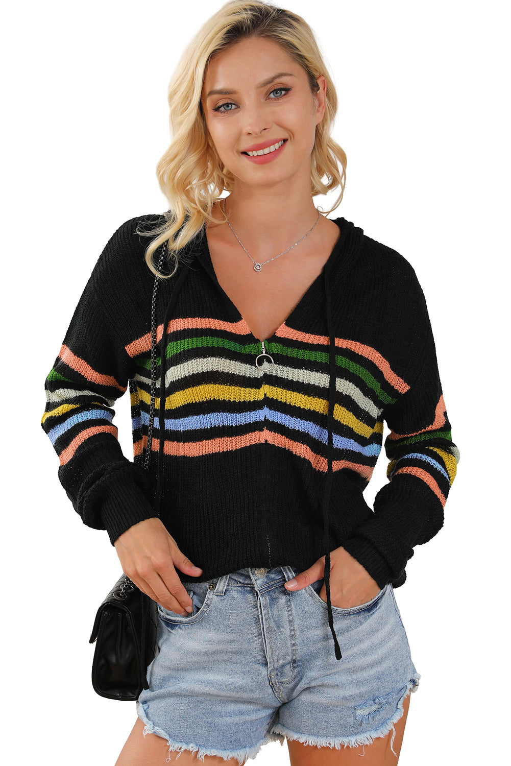 Schwarzer Strickjacke mit Streifendetail und Kapuze