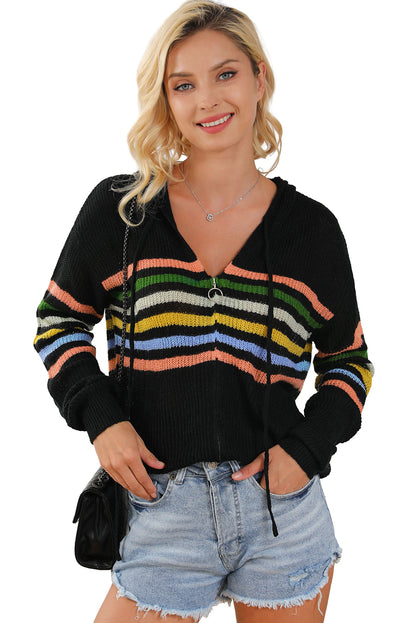 Schwarzer Strickjacke mit Streifendetail und Kapuze