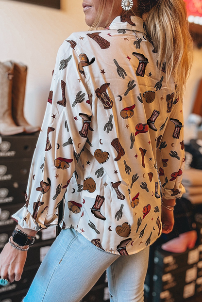 White Western Fashion Print Button Up Casual Shirt
