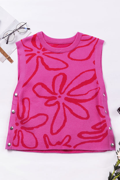 Ärmelloses Stricktop mit Blumenmuster und Knopfleiste in leuchtendem Pink