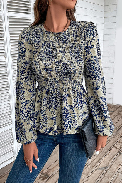 Himmelblaue Boho-Bluse mit Ballonärmeln und gesmoktem Schößchen