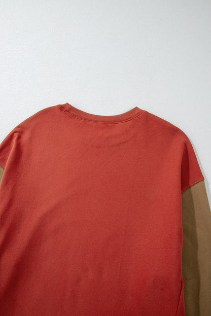 Gold Flame Zweifarbiges Patchwork-Pullover-Sweatshirt mit überschnittener Schulter