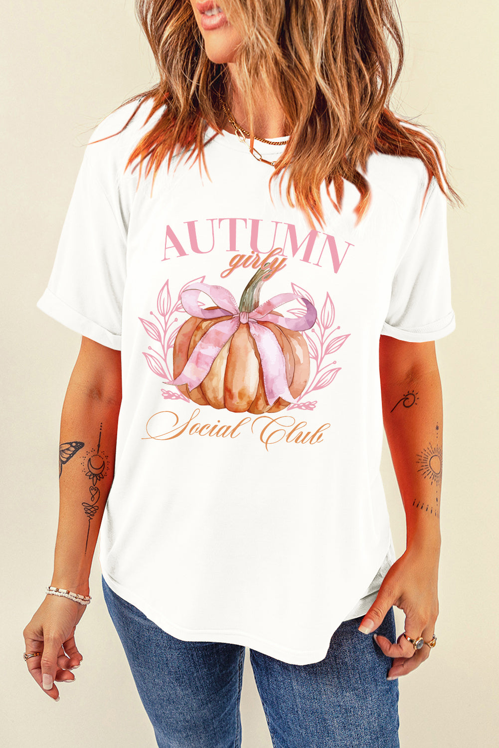 Weißes Herbst-Girly Thanksgiving Bowknot Kürbis Grafik T-Shirt