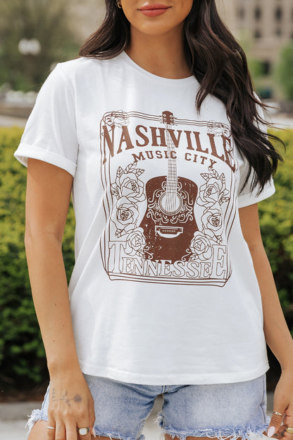 Weißes T-Shirt mit Rundhalsausschnitt und Grafik „NASHVILLE MUSIC CITY“