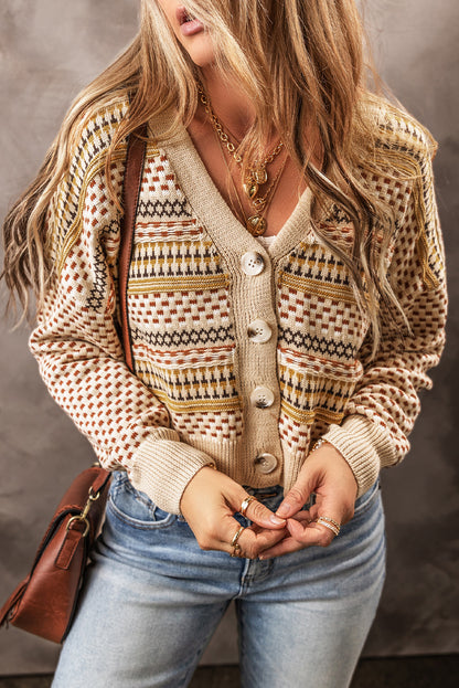 Khakifarbene, kurze Strickjacke mit V-Ausschnitt und Knöpfen