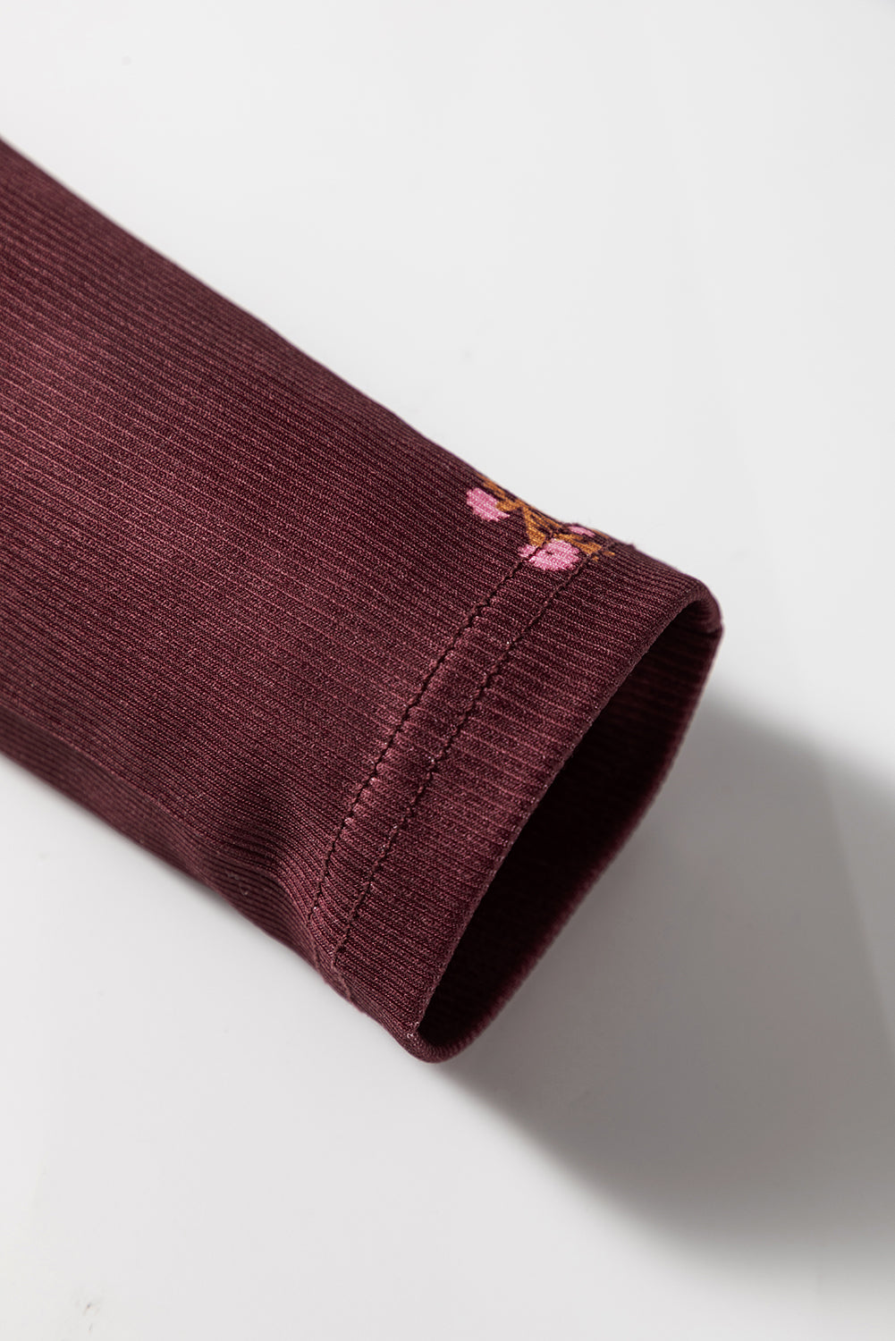 Burgundy Notched Neck Floral Print Ribbed Long Sleeve Top