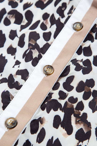 Multicolour Button Striped Collar Leopard Print Long Sleeve Flared Dress