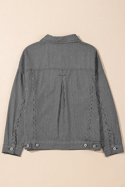 Blau gestreifte, gewaschene Oversize-Jeansjacke mit Taschen