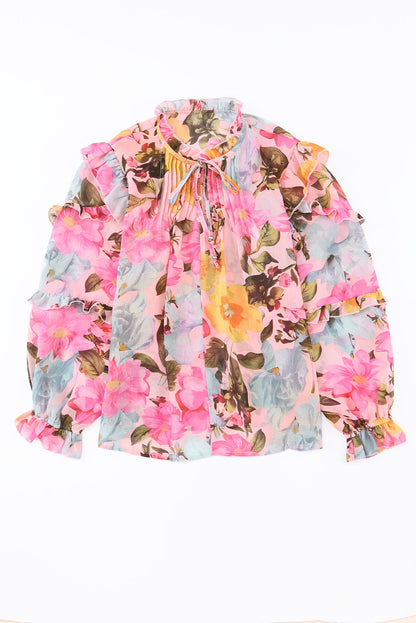 Rosa Bluse mit Blumenmuster und Rüschen