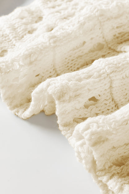 Weißer, einfarbiger Pointelle-Strickpullover mit Puffärmeln