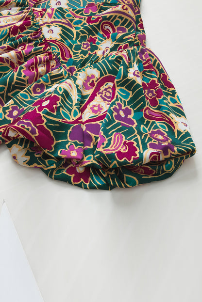 Grüne Paisley-Bluse mit V-Ausschnitt und kurzen Puffärmeln