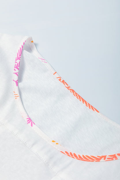 Weißes Top mit Rundhalsausschnitt und Patchwork-Ärmeln im Tropenblatt-Print