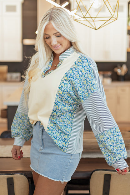 Beige Floral Striped Drop Sleeve Collared Boxy Fit Sweatshirt