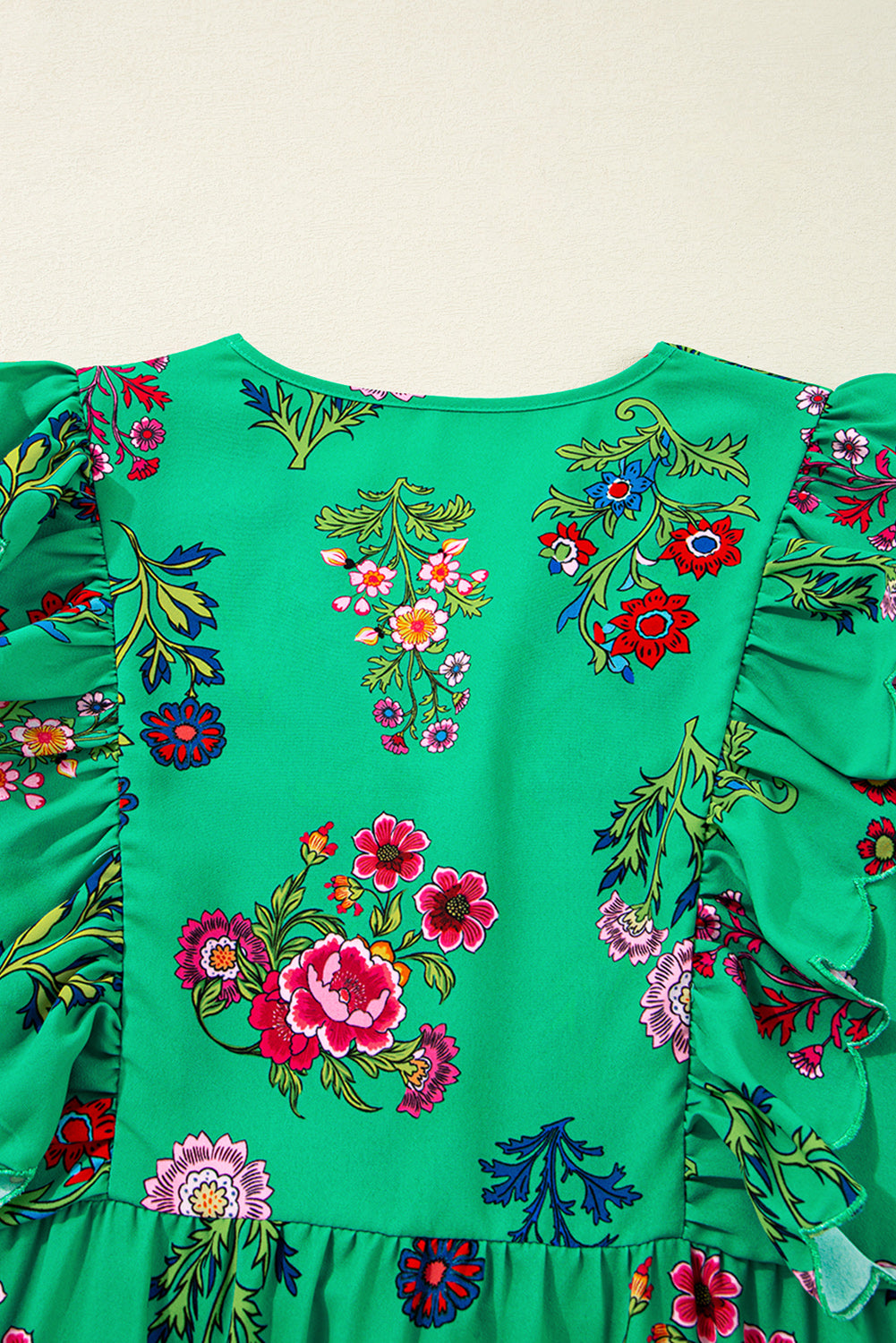 Green Floral Ruffled Three Quarter Sleeve Buttoned Mini Dress