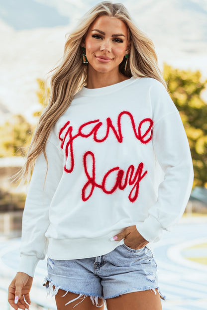 Weißes Lametta-Sweatshirt mit Game Day-Grafik und überschnittener Schulter