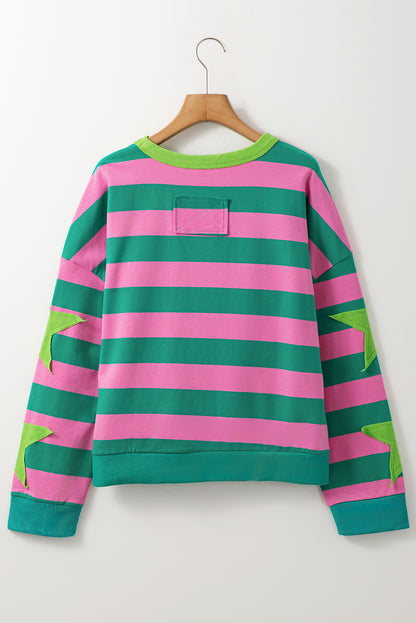 Rosa gestreiftes Stern-Patchwork-Pullover-Sweatshirt mit Rundhalsausschnitt