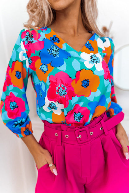 Mehrfarbige Bluse mit Blumenmuster und V-Ausschnitt und 3/4-Ärmeln