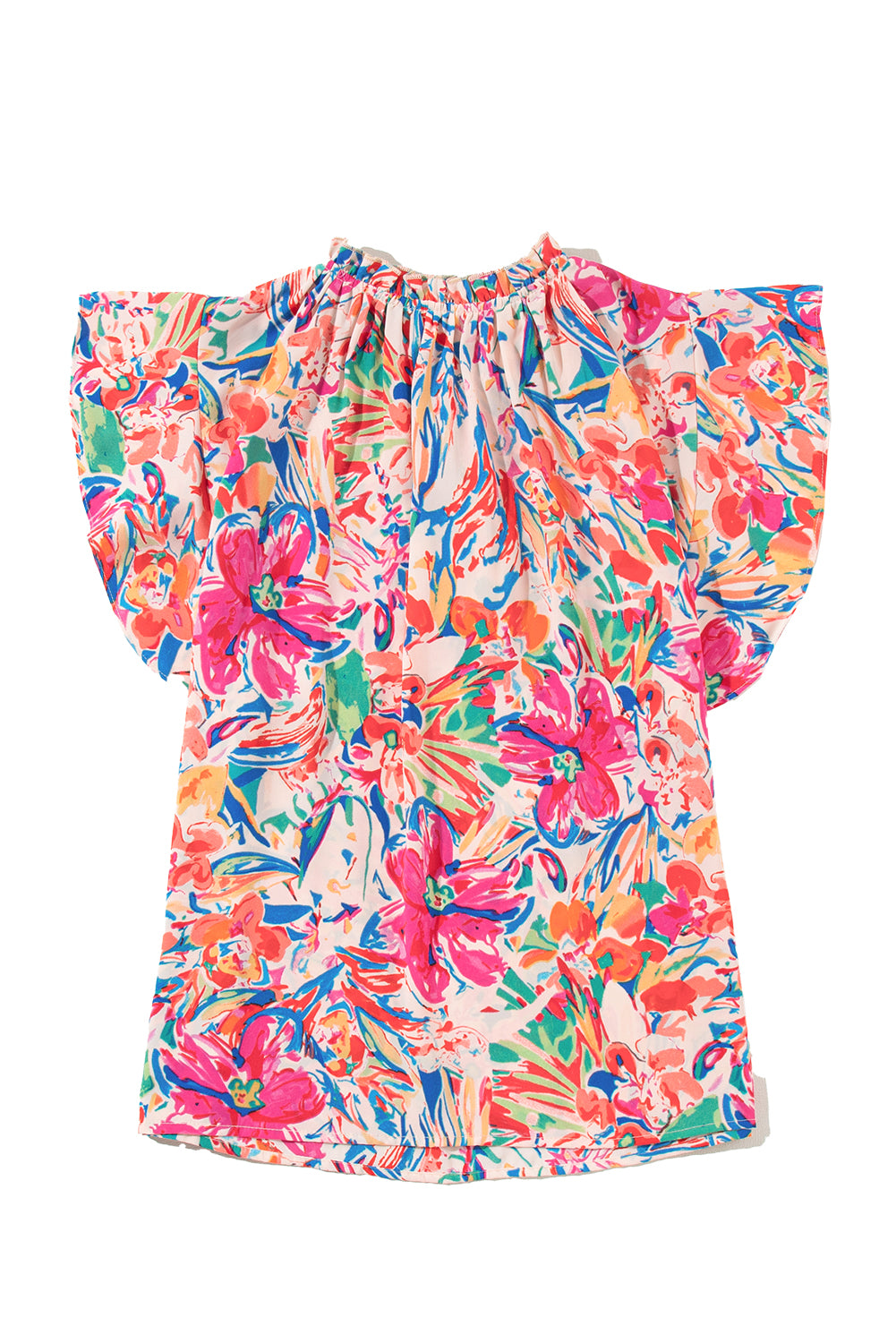 Mehrfarbige Sommerbluse mit Blumenmuster, Rüschenärmeln und V-Ausschnitt