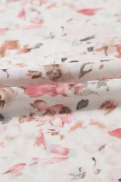 Rosa, geblümte, langärmlige Etui-Bluse aus Netzstoff mit hohem Halsausschnitt