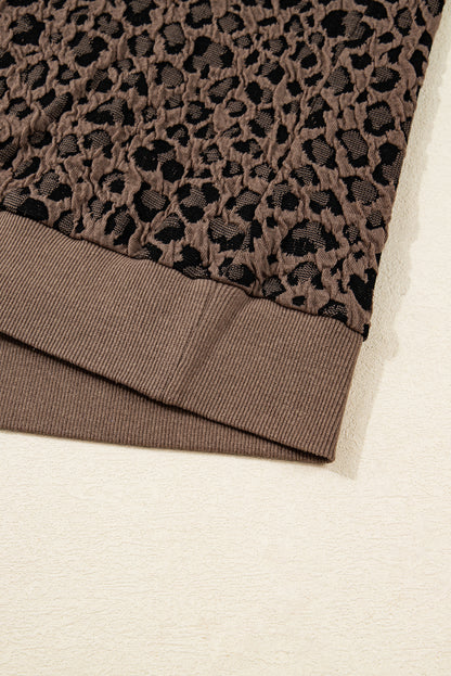Brown Ribbed Trim Leopard Print Long Sleeve Top