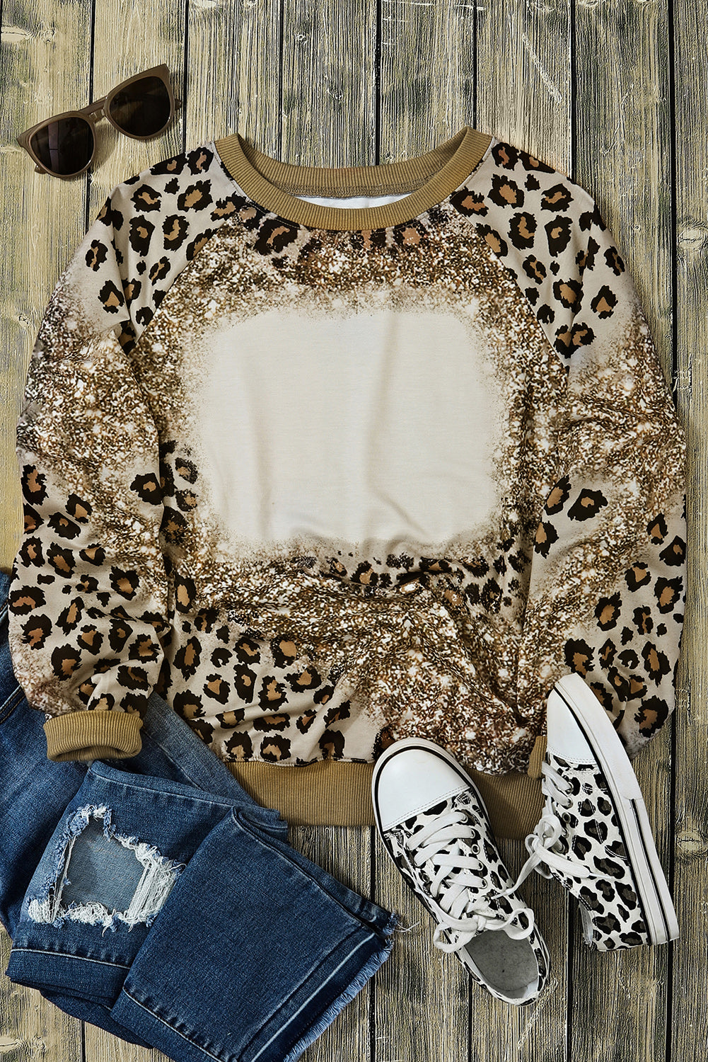 Gebleichtes Langarm-Top mit Leopardenmuster