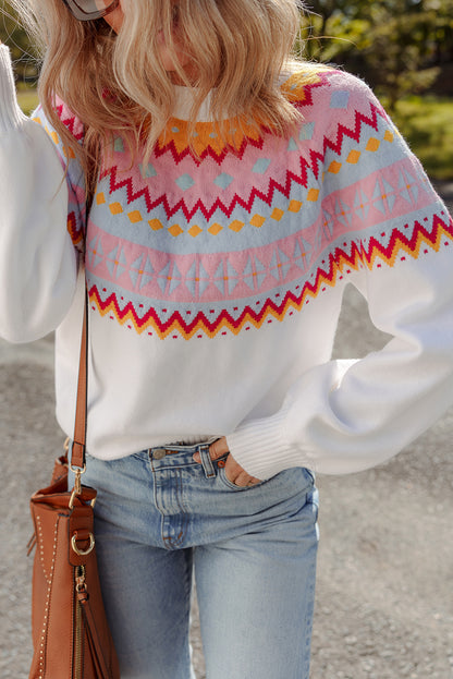 White Ethnic Geometric Colorblock Print Drop Shoulder Sweater