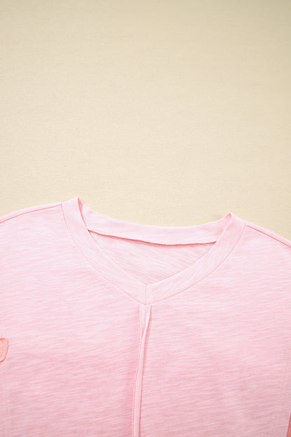 Pink Flower Patched Exposed Seam Bracelet Sleeve Oversized T Shirt