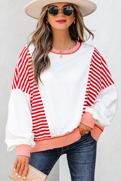 Red Stripe Colorblock Patchwork Contrast Stitching Oversize Sweatshirt