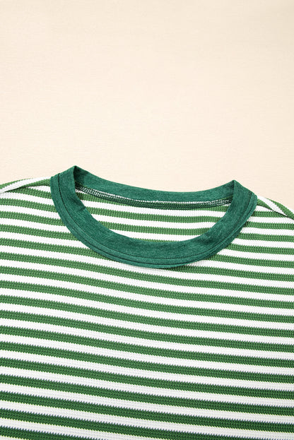 Green Stripe Exposed Seam Patchwork Plus Size Thermal Top