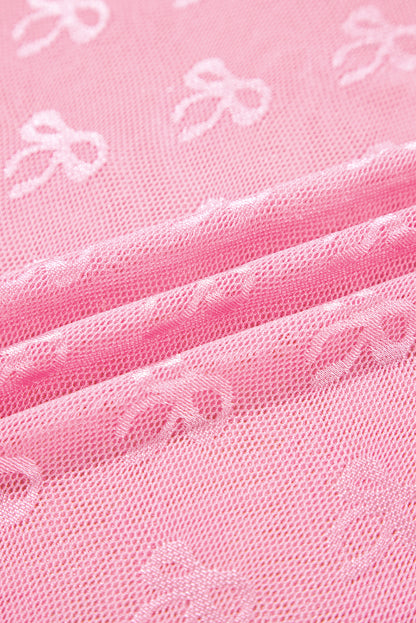 Pink Plus Size Bow Embroidered Mesh Long Sleeve Top