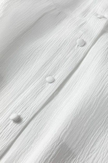 White Crinkled Texture Lantern Sleeve Button Down Loose Shirt