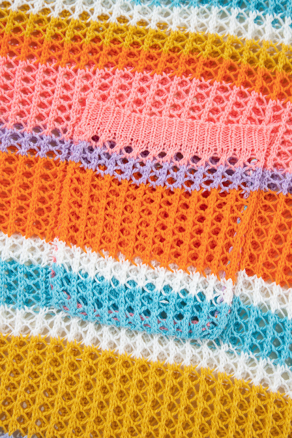 Rosa gestreifter Colorblock-Pullover mit 3/4-Ärmeln und ausgehöhltem Häkelmuster