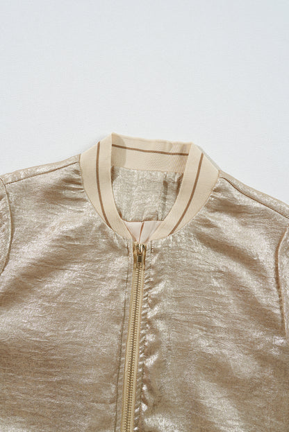 Hellkhakifarbene Baseballjacke mit Reißverschluss in Metallic-Optik